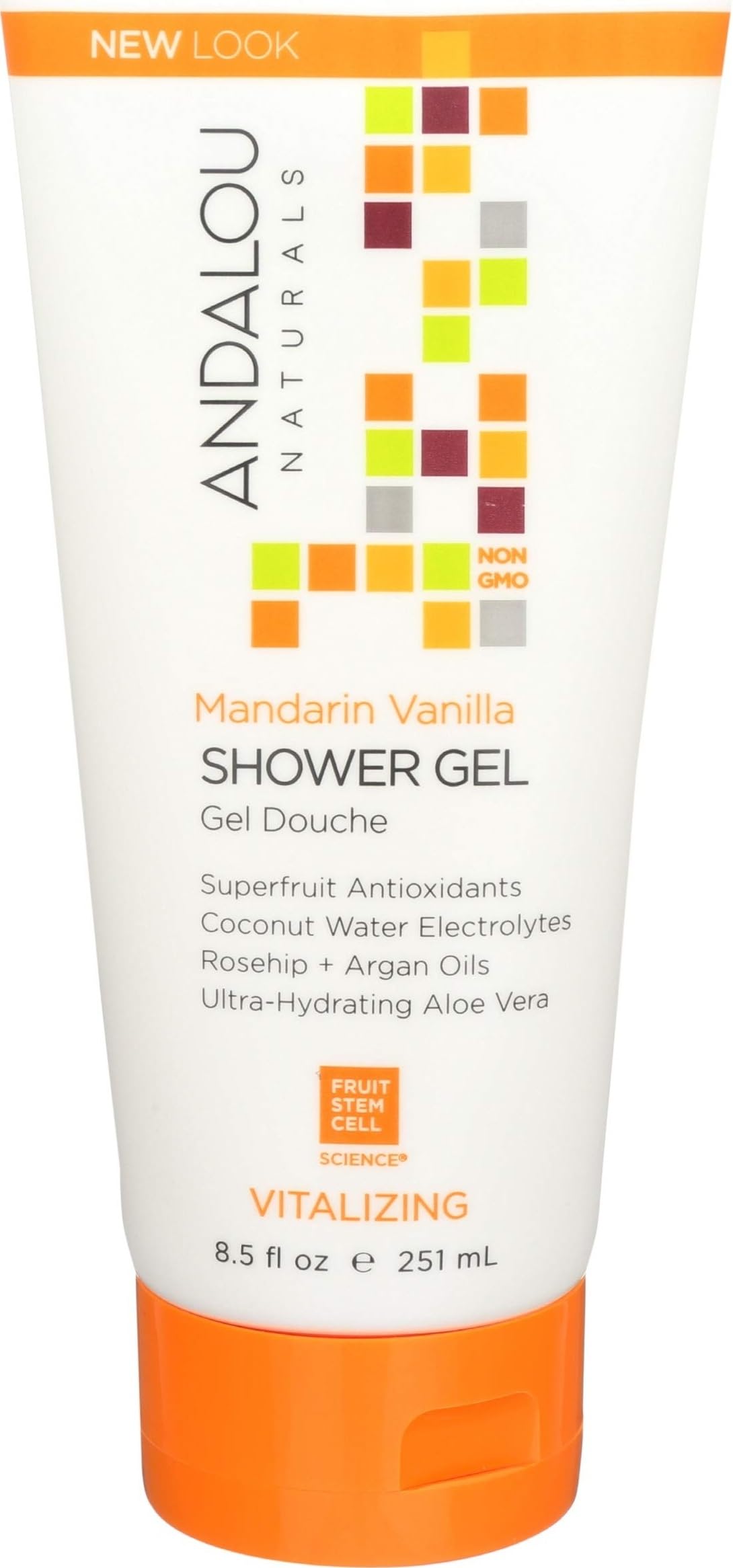 Andalou Naturals Mandarin Vanilla shower gel in 8.5 oz bottle with bright citrus and vanilla scent, creamy texture, and natural ingredients.