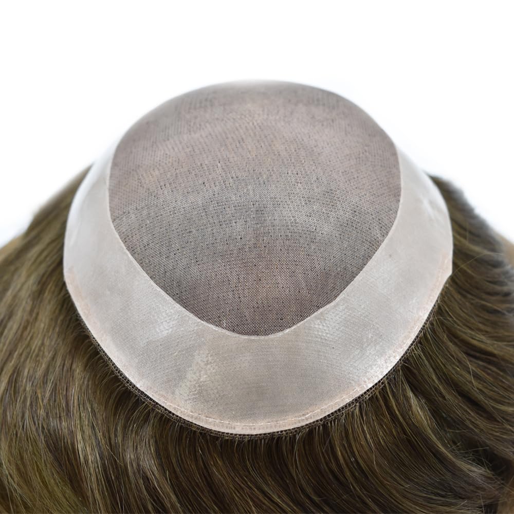 Curve Hair Mens Toupee Human Hair Piece Replacement System Monofilament Wig Hair Unit for Men Durable Poly Coated Mens Hairpiece (#5 Med-light Brown, 5"X7")