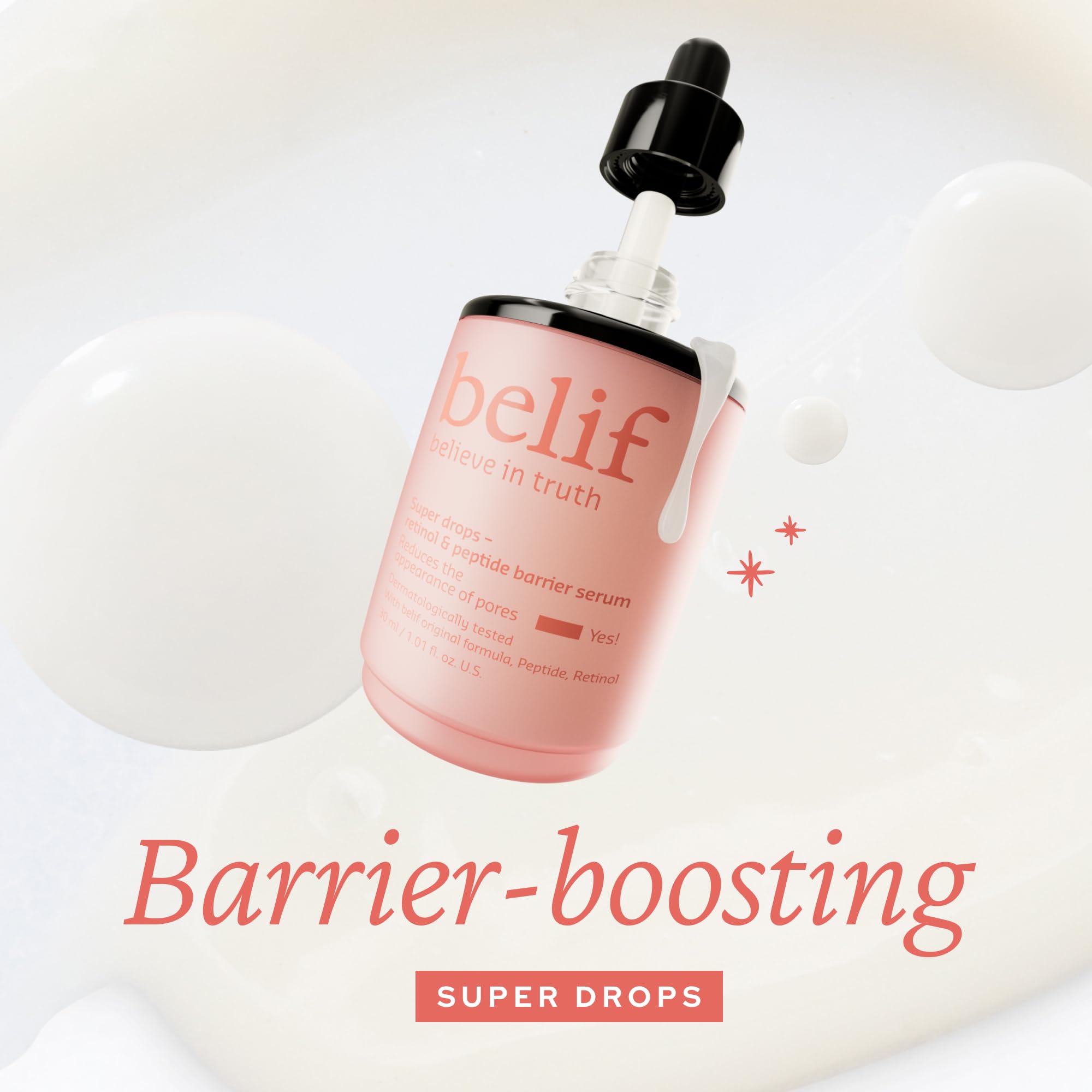 belif Retinol & Peptide Super Drops serum in a 1.01 fl oz bottle, showcasing the skincare product with dropper applicator