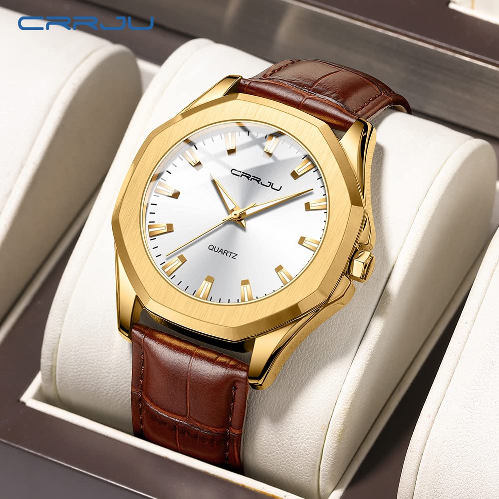 CRRJU Men's Fashion Luxury Classical Leather Watches for Men Business Simple Luminous Analog Quartz Wristwatches – Brown