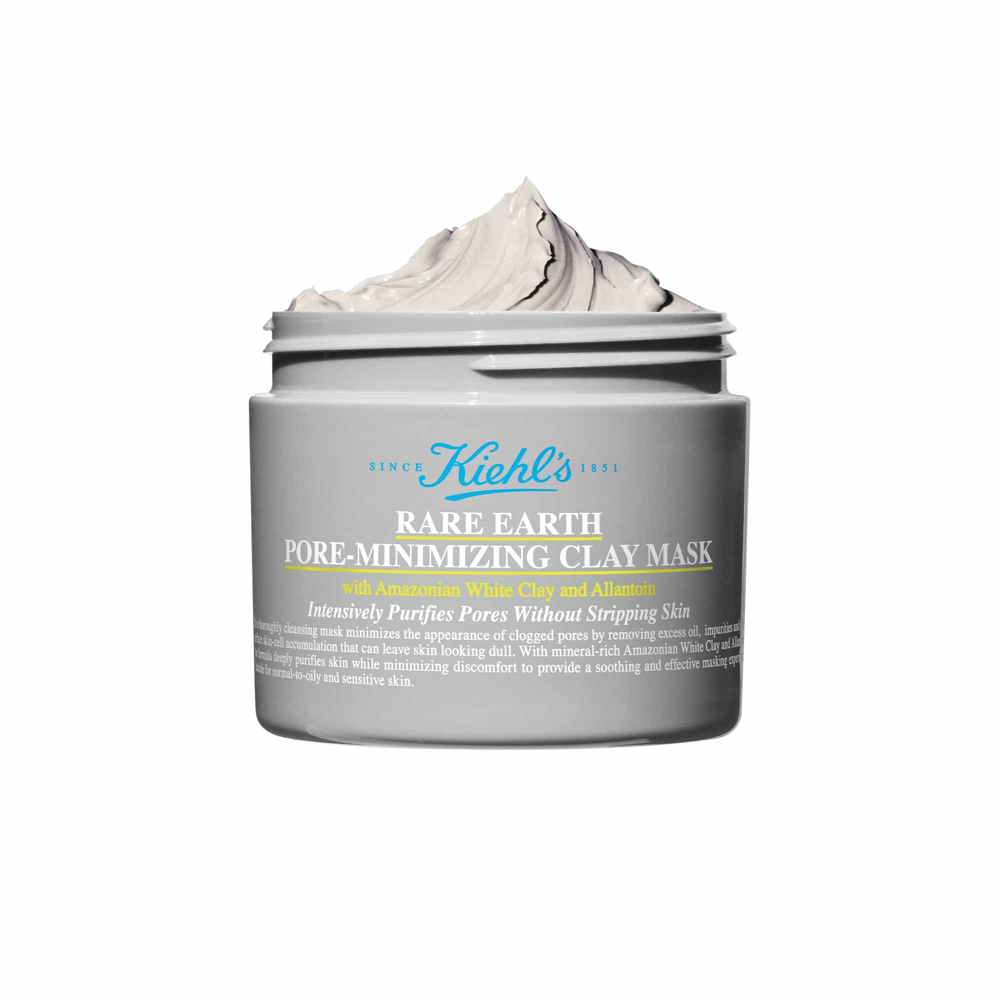 Kiehl's Rare Earth Clay Face Mask in a jar, designed to minimize pores and improve skin texture as a facial treatment.