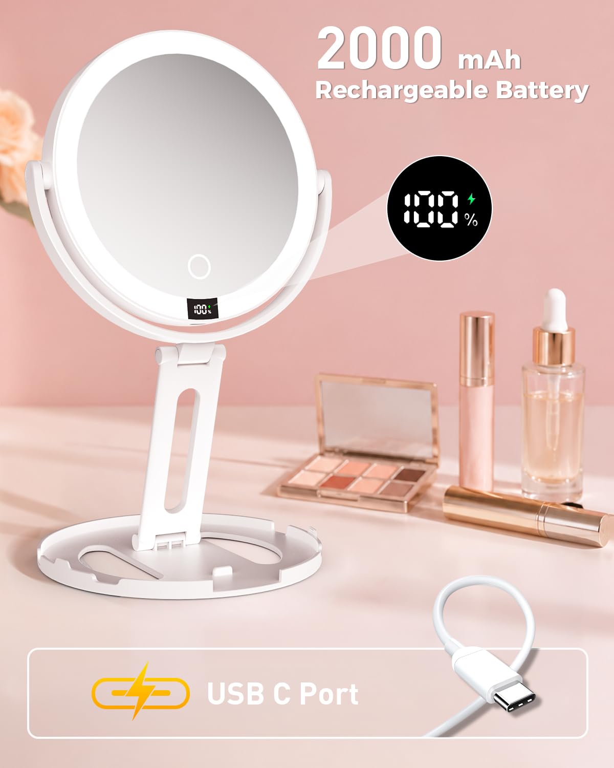 VEXOOX Foldable Travel Makeup Mirror with Light and Magnification, White – full view