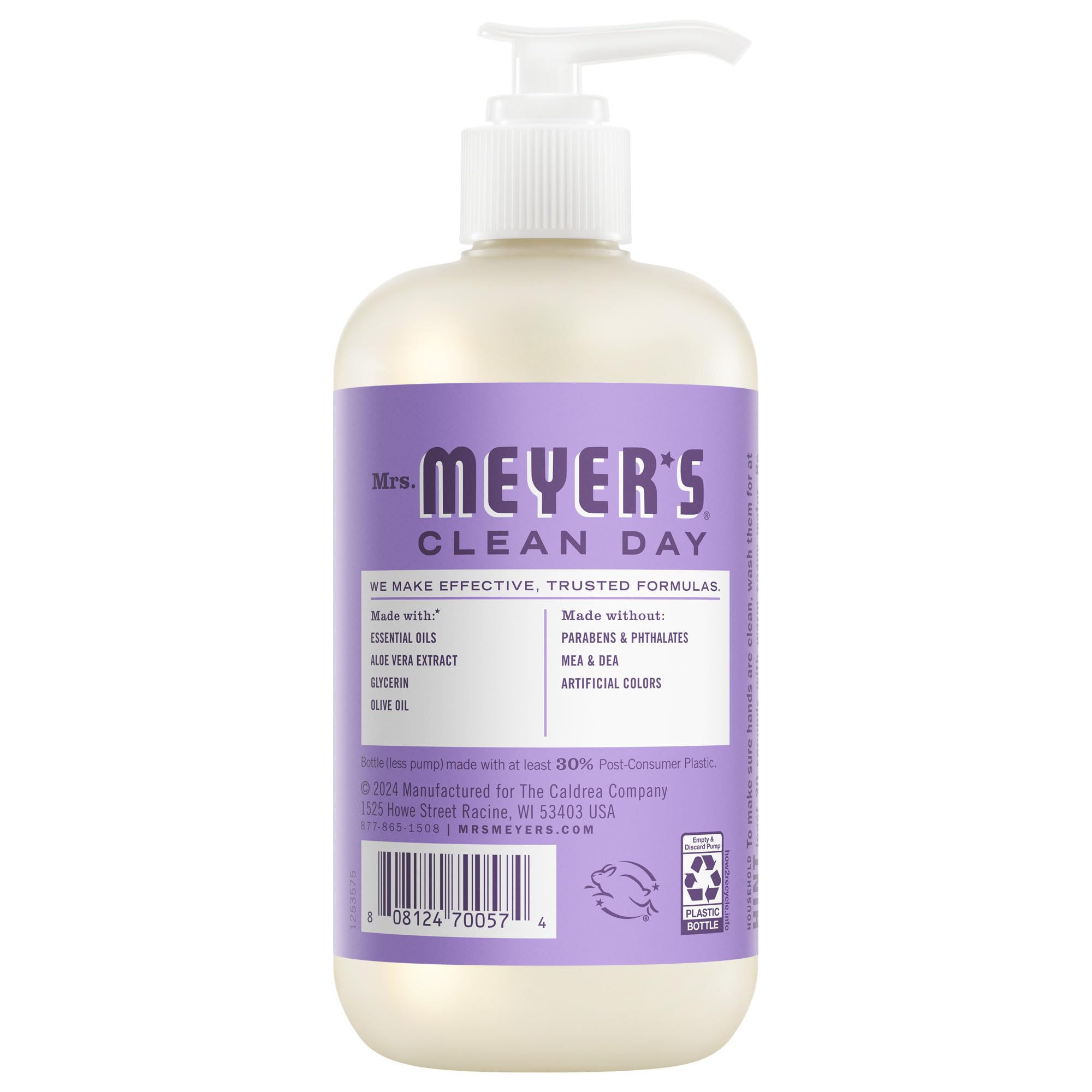 Mrs. Meyer’s Clean Day liquid hand soap in lilac scent, 12.5 fl oz bottles, three-pack, with floral packaging and pump dispensers.