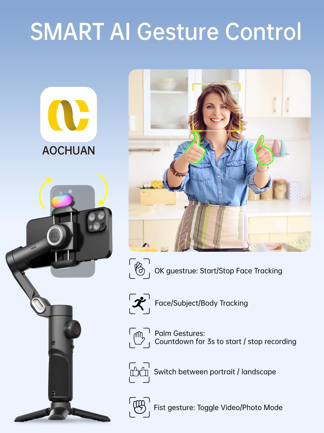AOCHUAN Gimbal Stabilizer for Smartphone w/Gesture Control, XE Kit – full view, size 16.3x10.8x5.5cm