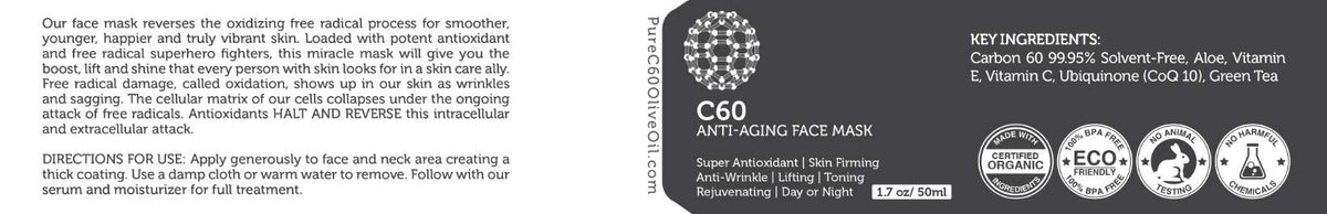 C60 Anti Aging Face Mask 50ml with Green Tea Aloe Ubiquinone - PureC60OliveOil.com Official Imagery - 4