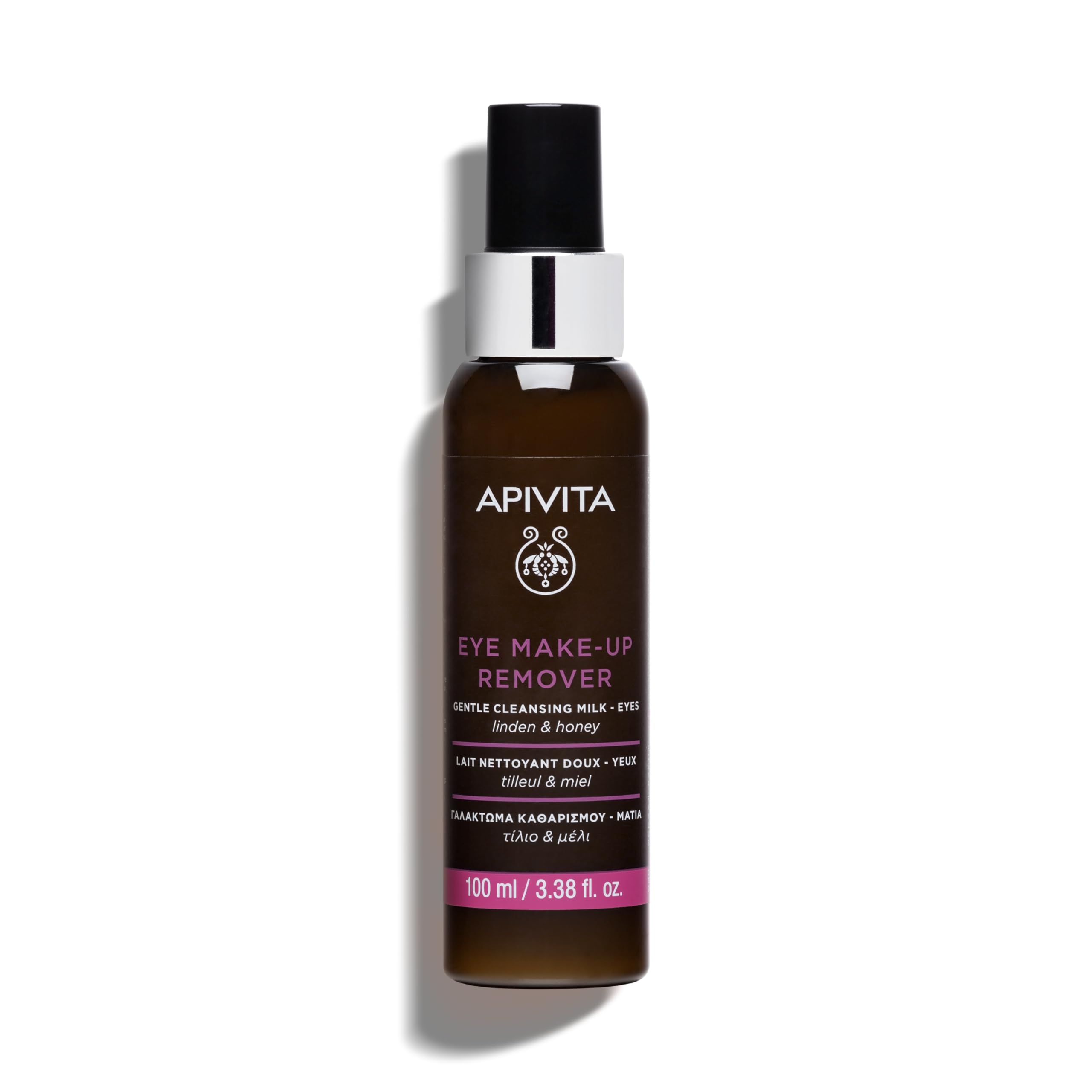Apivita hydrating eye makeup remover with gentle cleansing milk, linden, and honey for soothing and effective eye makeup removal.