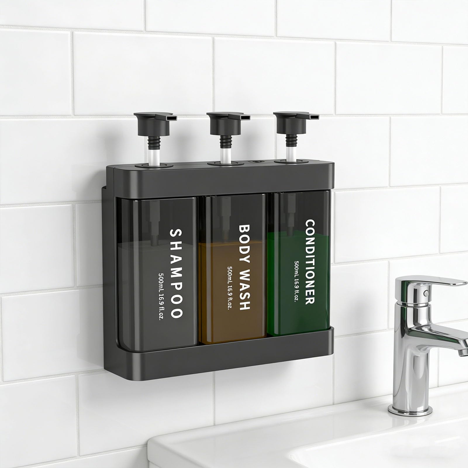 Omabeta dark gray refillable soap dispenser with 3 chamber design, 500ml pump, suitable for desktop or wall mounting.
