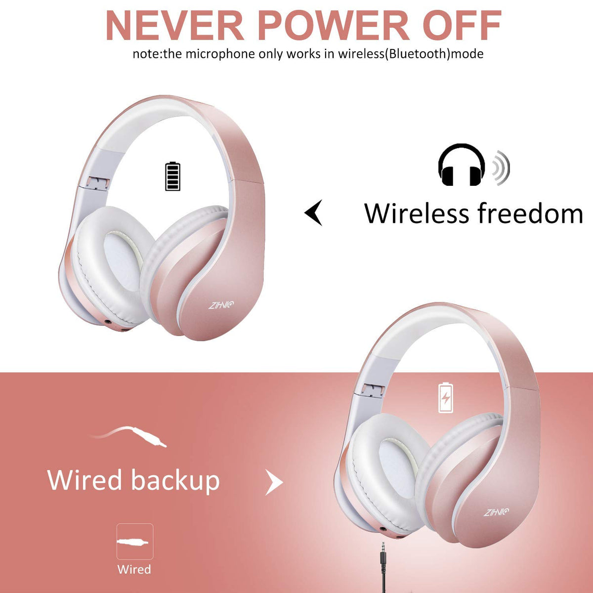 ZIHNIC 2 Items 1 Rose Gold Over Ear Wireless Headset Bundle - ZIHNIC Official Imagery - 5