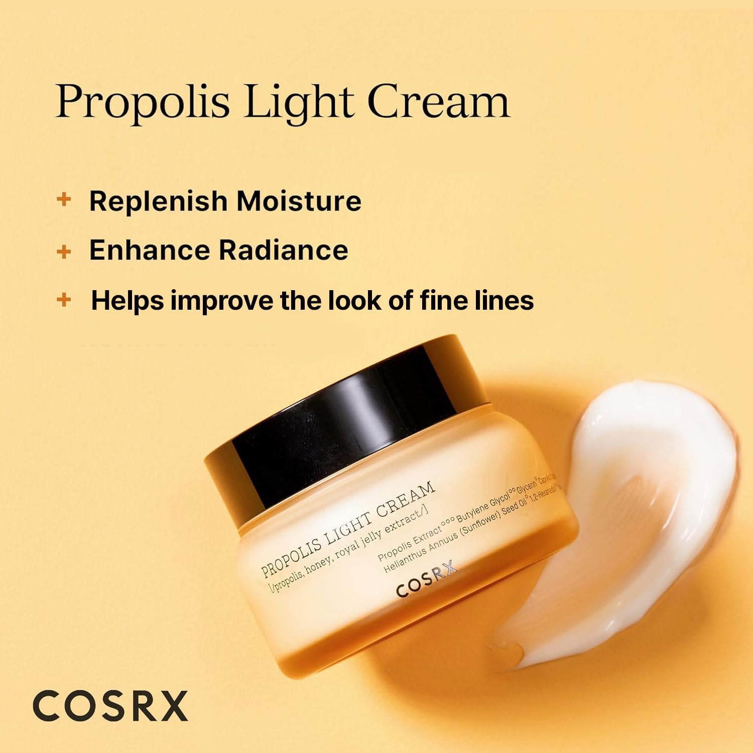 COSRX 64% Propolis Honey Lightweight Cream moisturizer with golden glow, showing the jar and honey texture on skin.