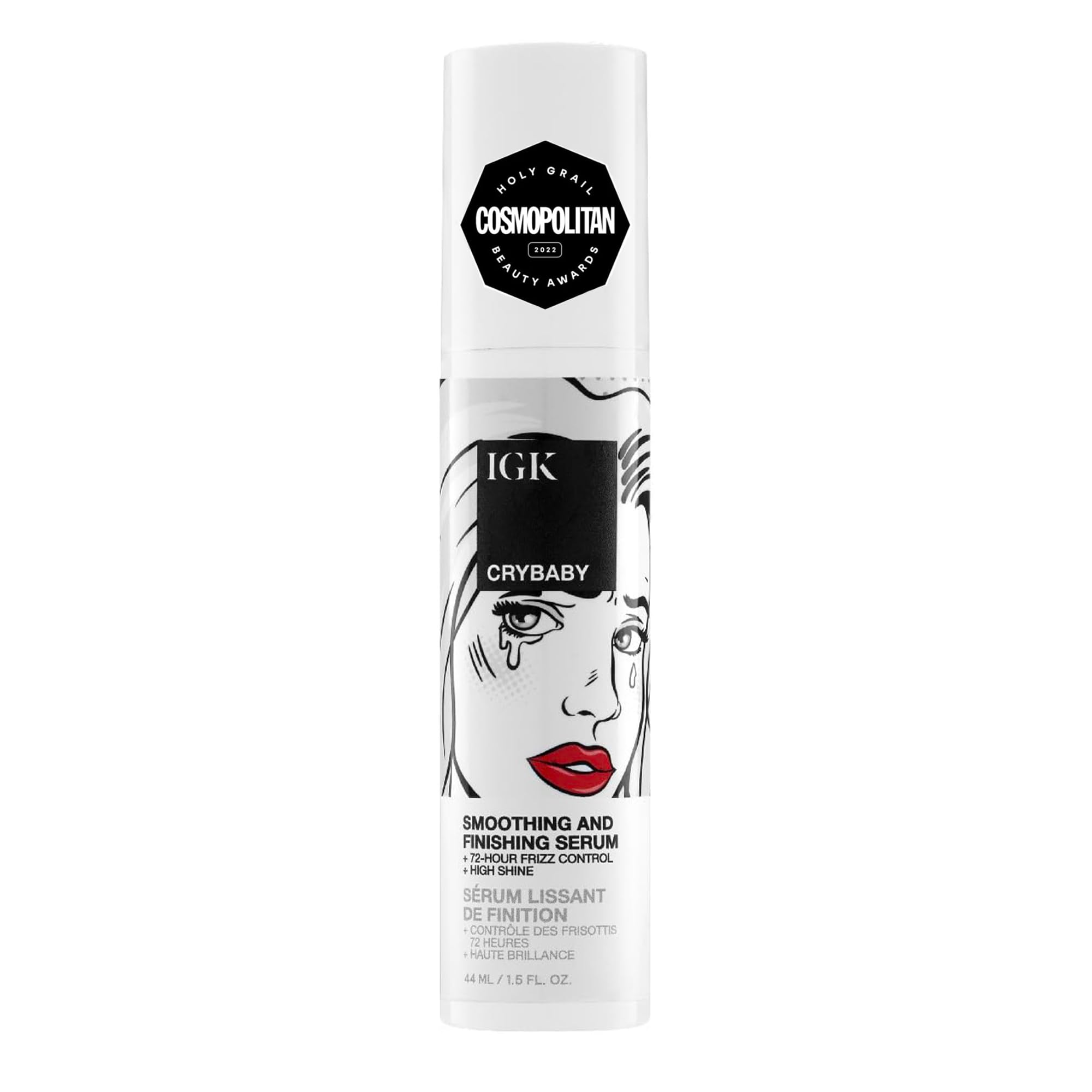 IGK Crybaby smoothing and finishing serum in 1.5 oz bottle, high shine, frizz control, lightweight, vegan and cruelty-free hair styling agent.