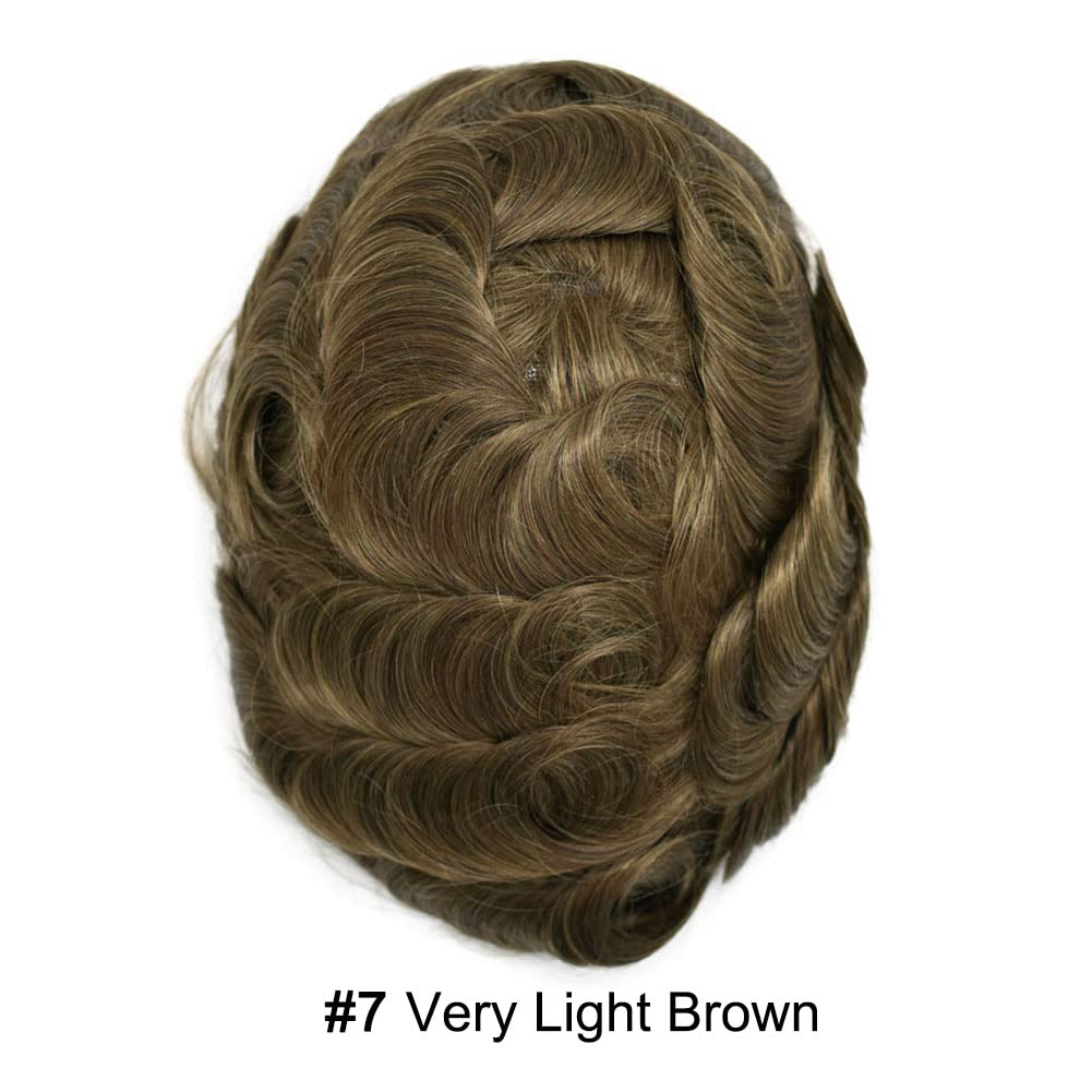 Curve Hair Mens Toupee Human Hair Piece Replacement System Monofilament Wig Hair Unit for Men Durable Poly Coated Mens Hairpiece (#7 Very Light Brown, 7"X9")