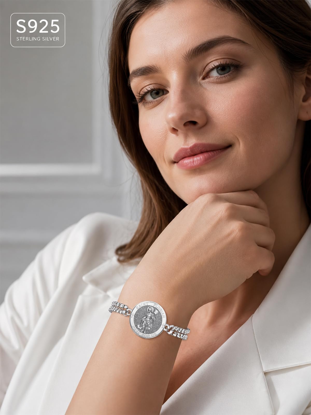 KINGWHYTE 925 Sterling Silver Saint Patron Medal Bracelet for Men Women – full view, size 20mm
