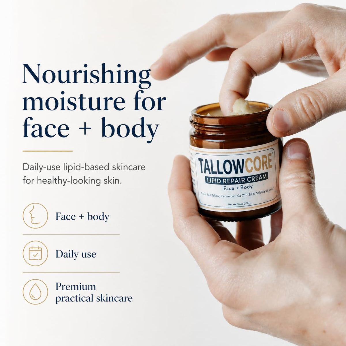 TALLOWCORE Lipid Repair Cream – Waterless Grass-Fed Tallow Moisturizer with Ceramide NP, CoQ10 & Oil-Soluble Vitamin C –