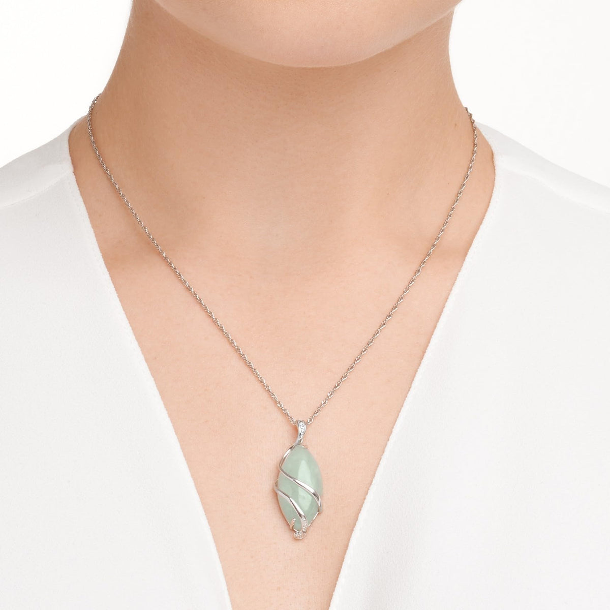 MORGAN & PAIGE Silver Rhodium Plated Genuine Green Jade Necklace or Jade Earrings – close-up detail in White