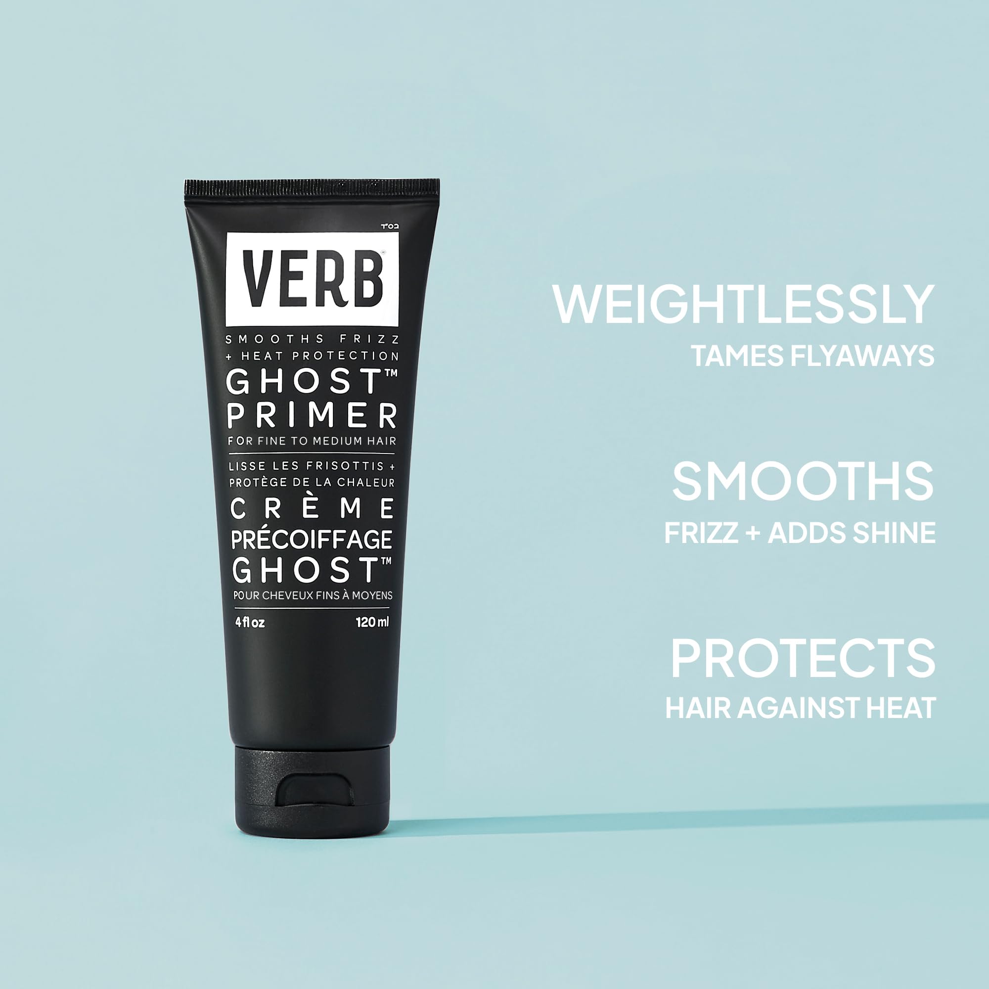 VERB Ghost Primer weightless heat protectant cream in 4oz tube, ideal for protecting hair during styling.