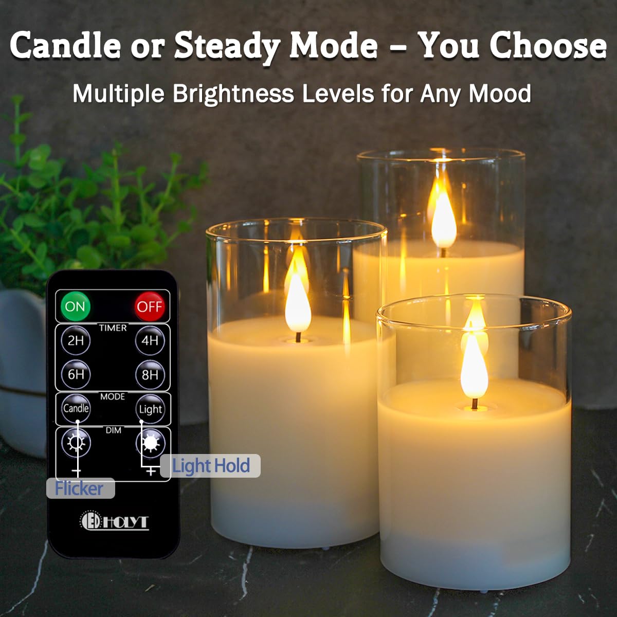 LEDHOLYT Glass Rechargeable LED Flickering Flameless Candles with Remote and Timer – close-up detail