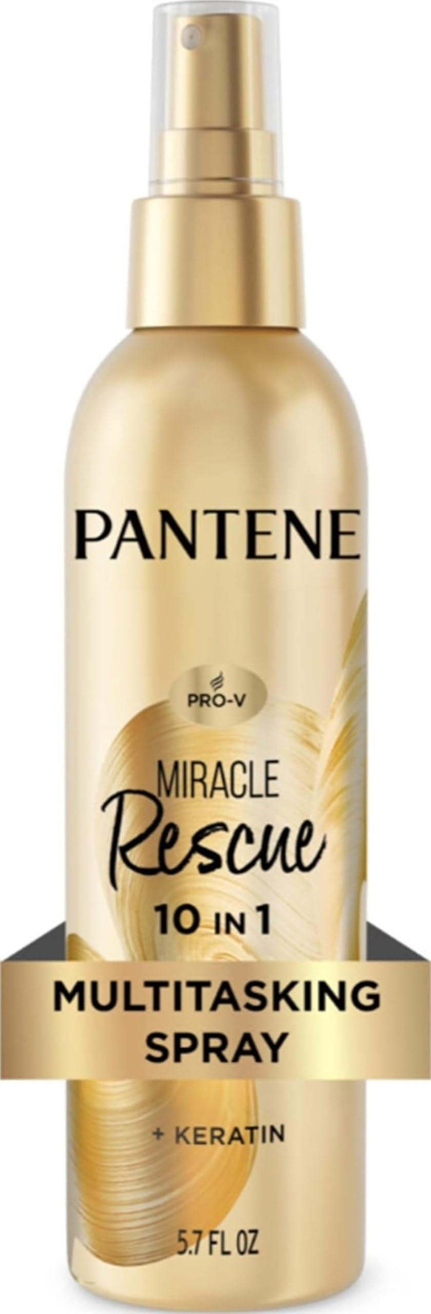 Pantene Miracle Rescue 10-in-1 multitasking hair spray bottle with pump, designed to condition and style hair effectively.