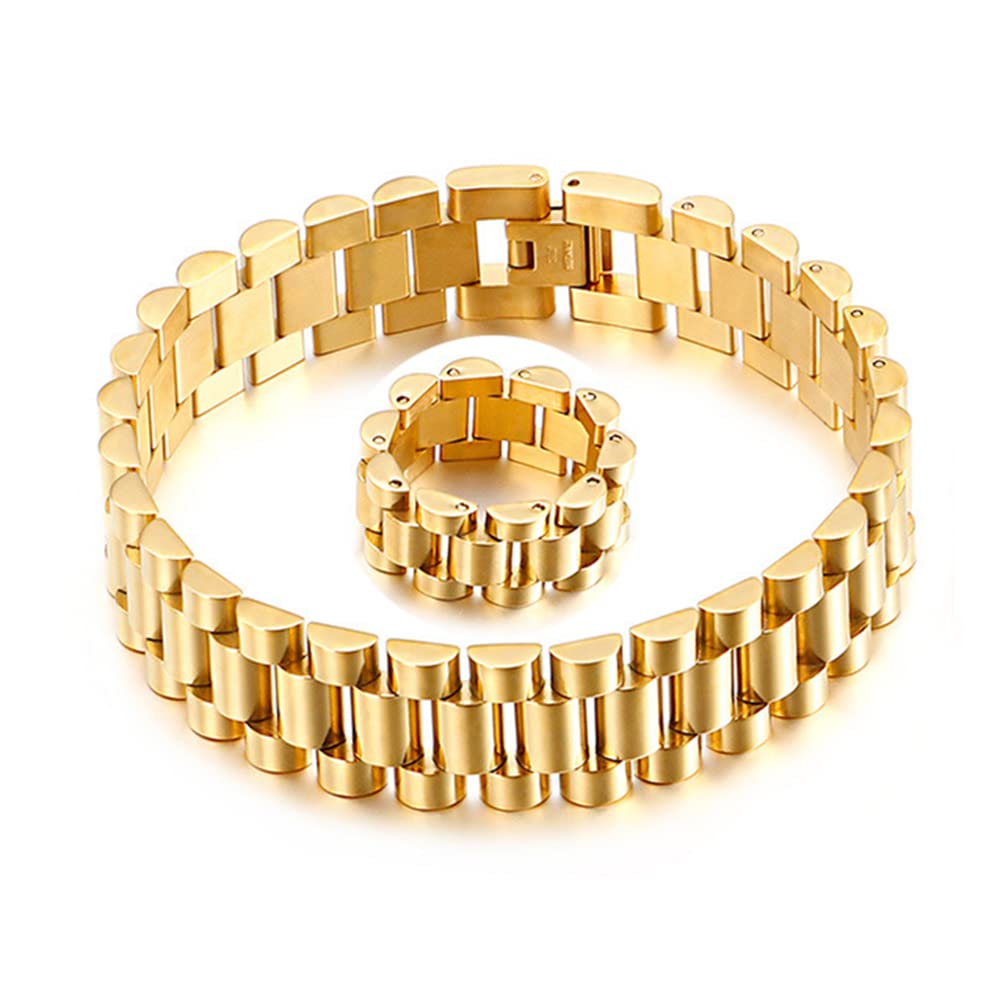 Qiaonitu 15mm Heavy Men Women Watchband Chain Bracelets Rings Set Hiphop 18K Gold Stainless Steel Watch Chain Strap Brac
