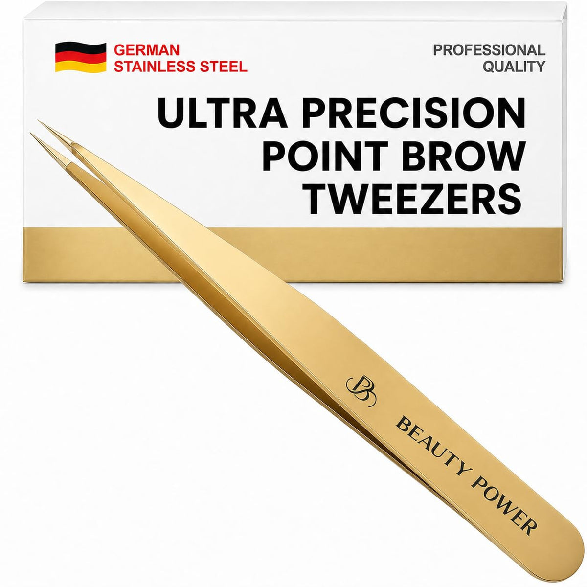 Beauty Power Precision Pointed Tweezers, Ingrown Hair & Eyebrow, Gold – product photo (Tweezers)