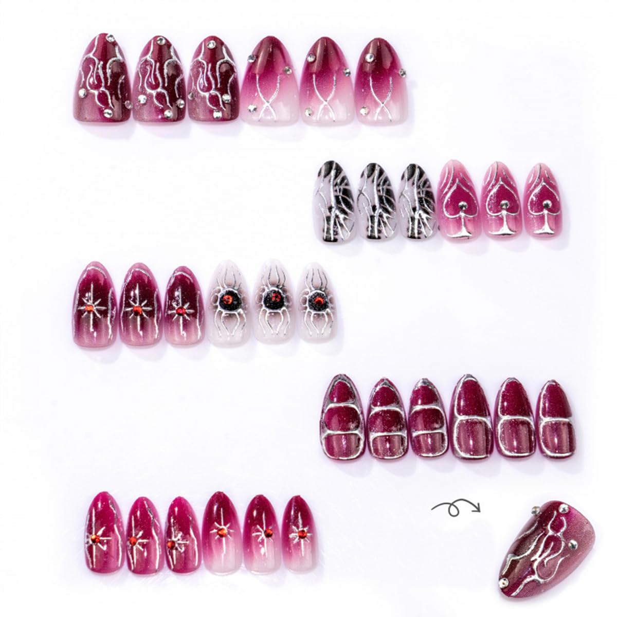 Gothic Press on Nails Medium Almond Dark Purple, Y2K Punk Fake Nails with Rhinestone Silver Star Design, Glossy Acrylic Full Cover False Nails, Cute Goth Stick on Nails Reusable Nails for Women 30Pcs