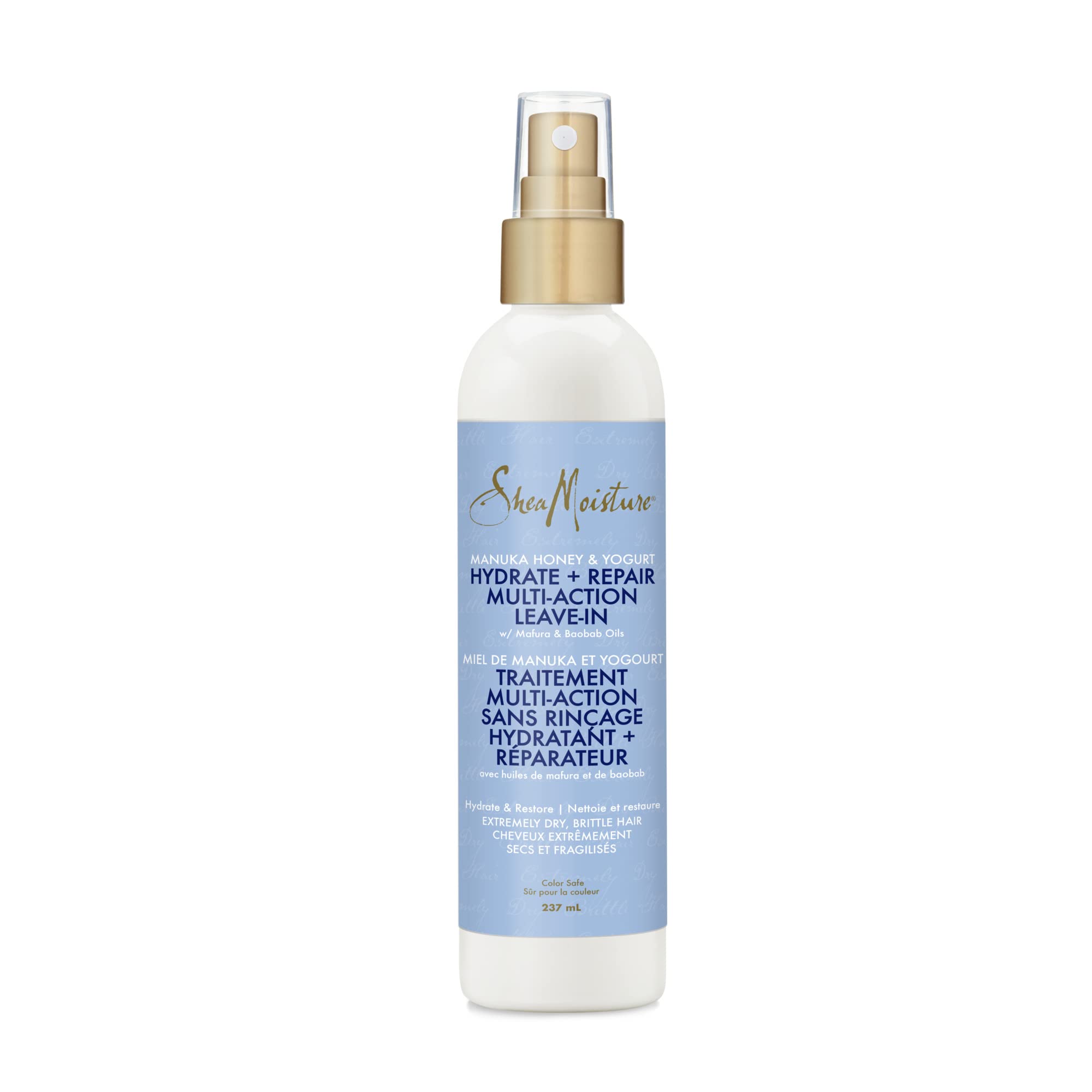 SheaMoisture Manuka Honey & Yogurt Leave-In Conditioner bottle, creamy texture, and natural ingredients for hair nourishment.