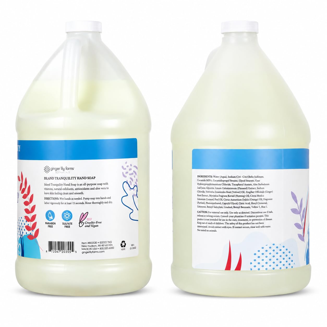 Ginger Lily Farms 1-gallon Green Tea Lemongrass hand soap bottle, skin cleaning agent with fresh green tea and lemongrass scent.