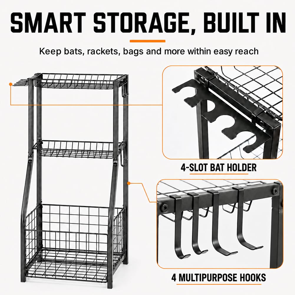 YueTong Garage Sports Organizer with Ball Rack, Bat Holder and 4 Hooks – alternate angle