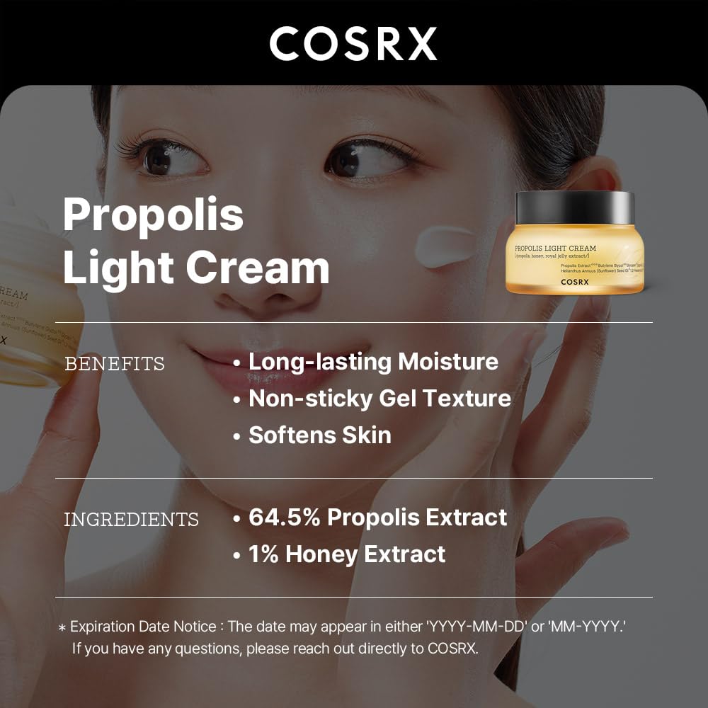 COSRX 64% Propolis Honey lightweight moisturizer with golden glow, featuring a jar of the skin moisturizer cream.