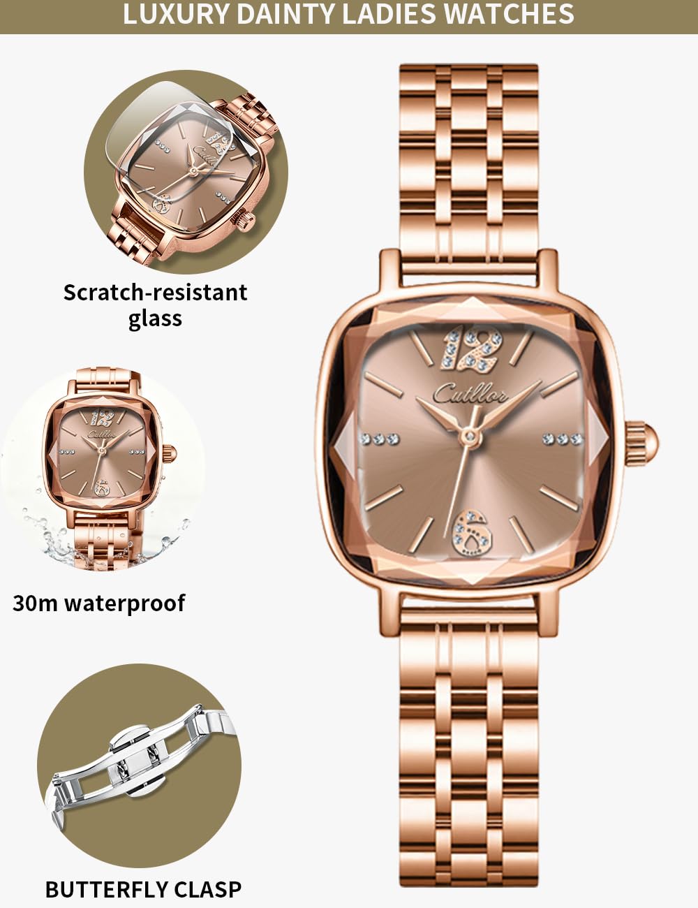BOGEVNOR Rose Gold Square Ladies Watches Small Wrists Rectangular Case Women’s Watches Diamond Analog Quartz Waterproof 