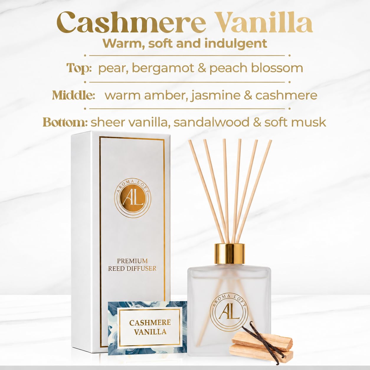 Aroma Loft Frosted Reed Diffuser in Cashmere Vanilla scent, 5oz bottle with reed sticks for home fragrance.