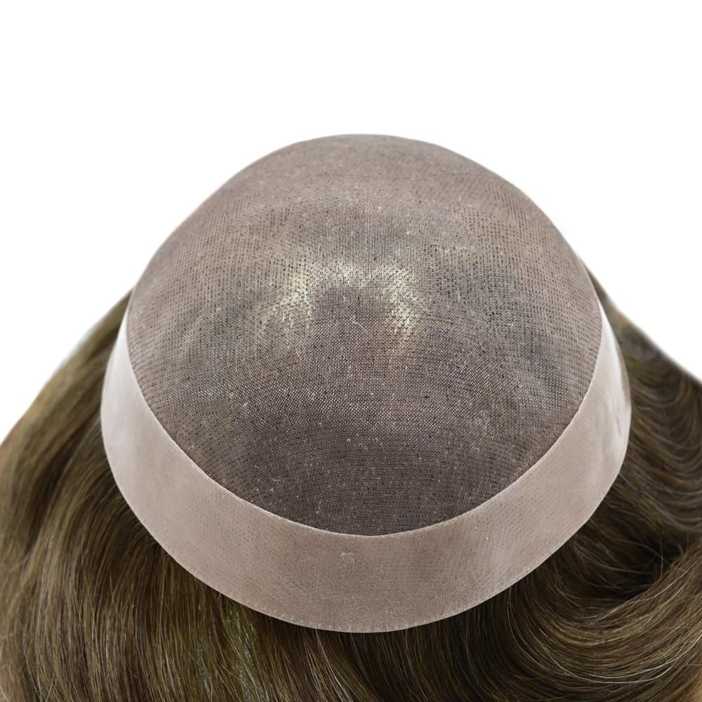 Curve Hair Mens Toupee Human Hair Piece Replacement System Monofilament Wig Hair Unit for Men Durable Poly Coated Mens Hairpiece (#520 Light-Med Brown+20% Gray, 8"X10")