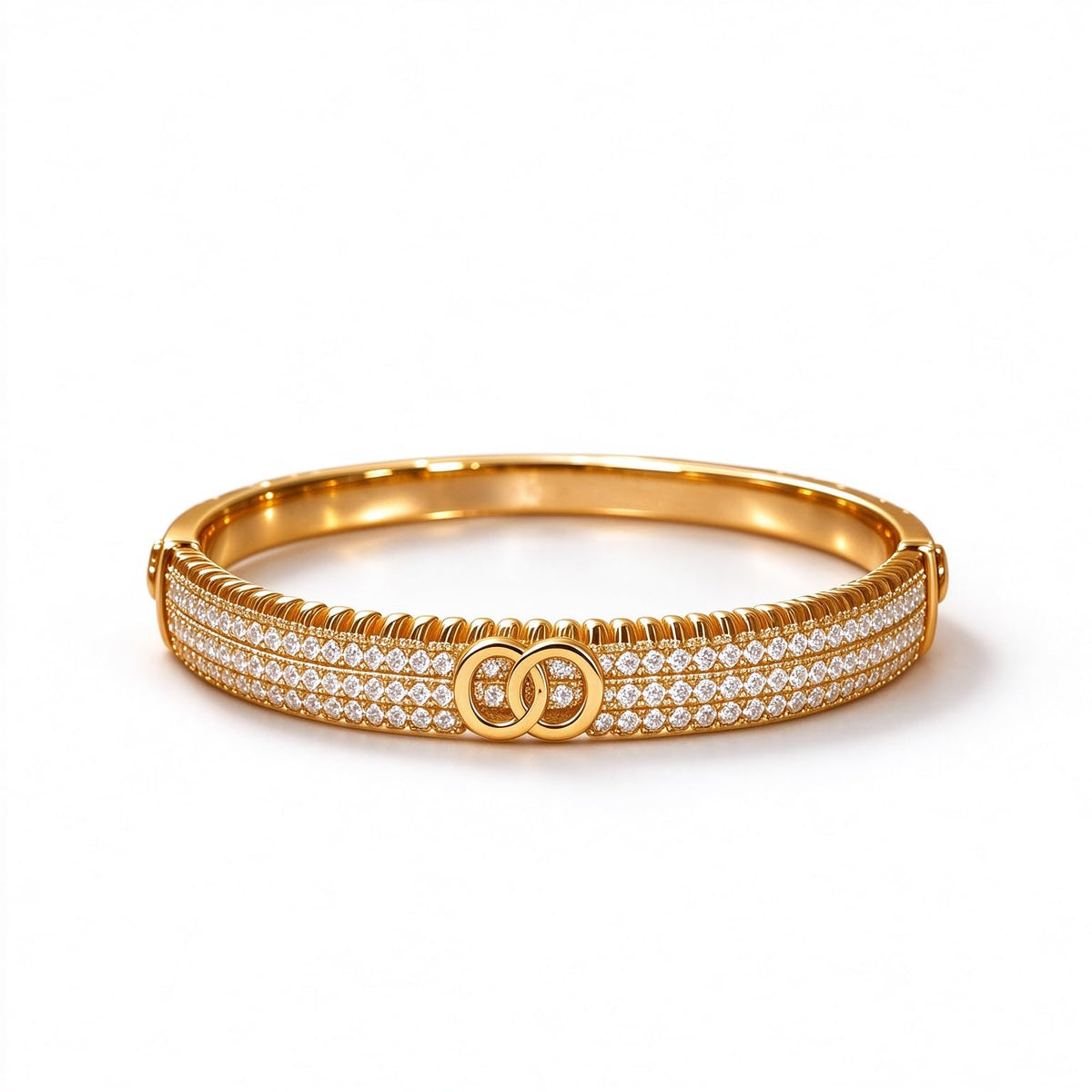 S925 Sterling Silver Interlocking Double C Hinged Bangle Bracelet, Triple Row Paved Cubic Zirconia Slim Cuff Luxury Eleg