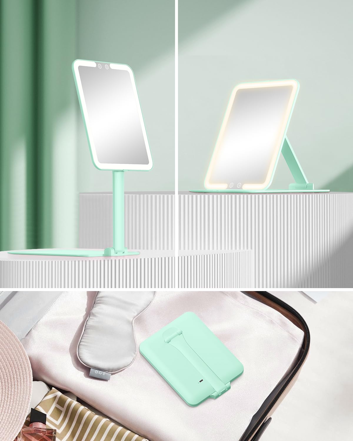 Gospire Travel Makeup Mirror with 3 Lights and Magnification 10X, Green – full view