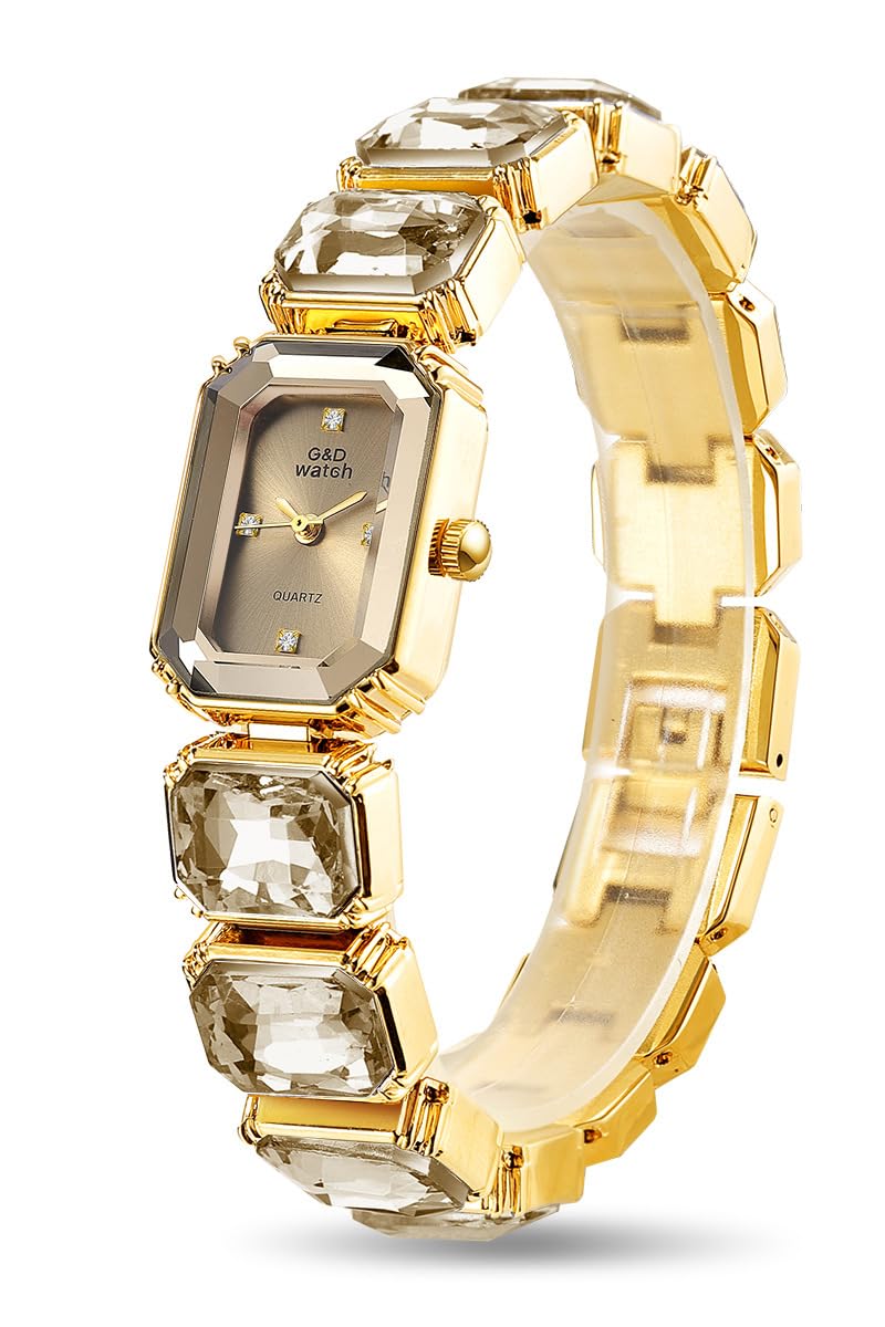 FANMIS Women’s Luxury Crystal Bangle Watch-Gemstone Bracelet Design Wristwatch Diamond Gold Plated Rectangle Watches,Fas