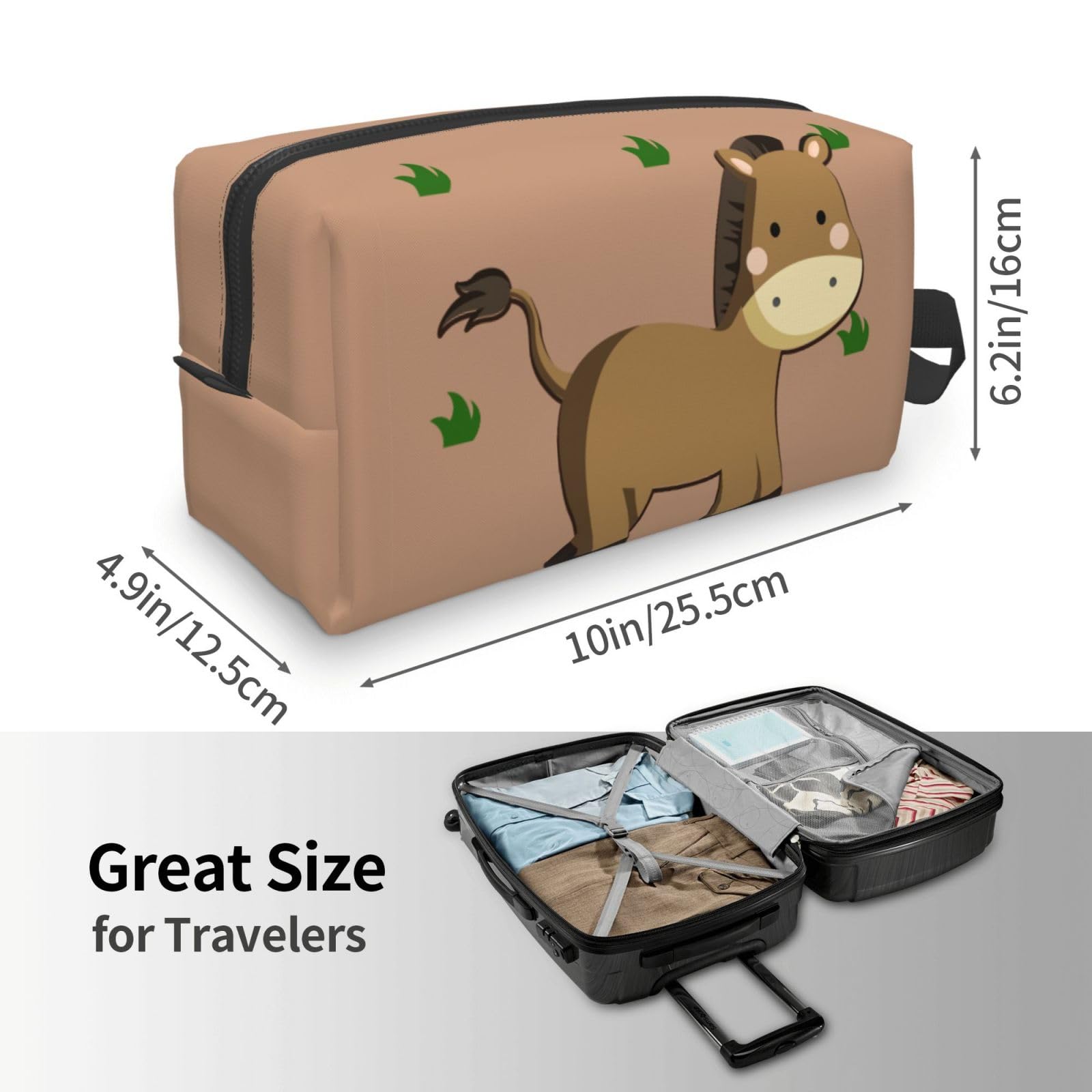 Cartoon donkey travel toiletry bag by SXZVVBN with large capacity, featuring a playful donkey design and multiple compartments.