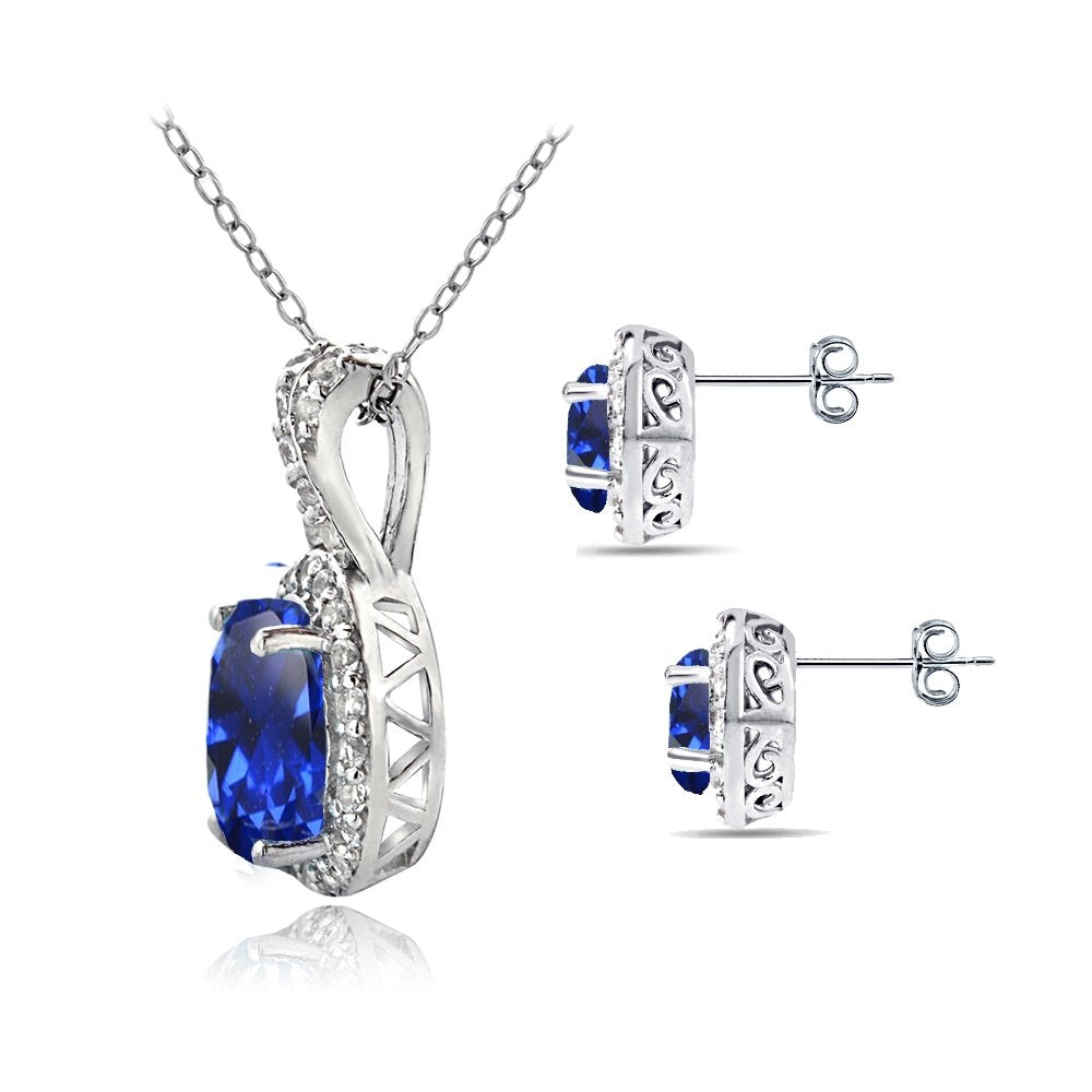 B. BRILLIANT Sterling Silver Genuine, Created or Simulated Gemstone Oval Halo X Necklace & Earrings Jewelry Set for Wome