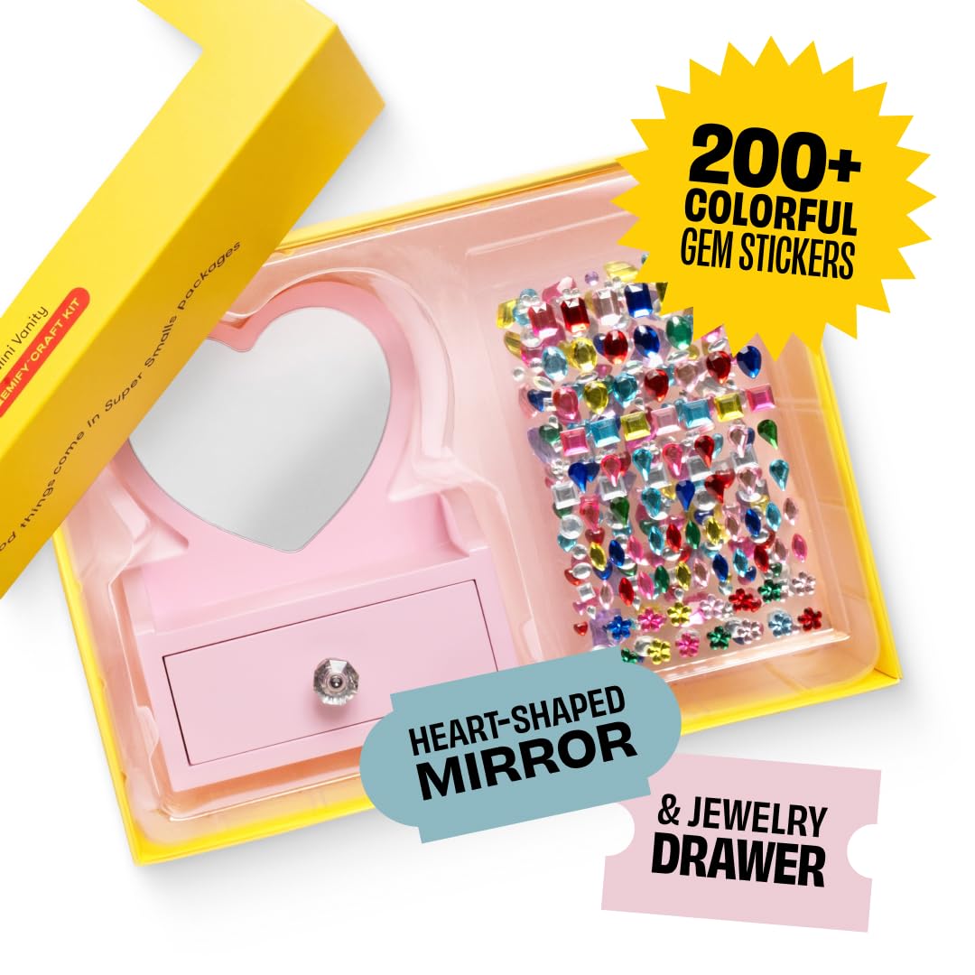 Super Smalls Mini Vanity Gemify Craft Kit | DIY Bedazzling Set with 200+ Gem Stickers | Heart Mirror & Jewelry Drawer | 