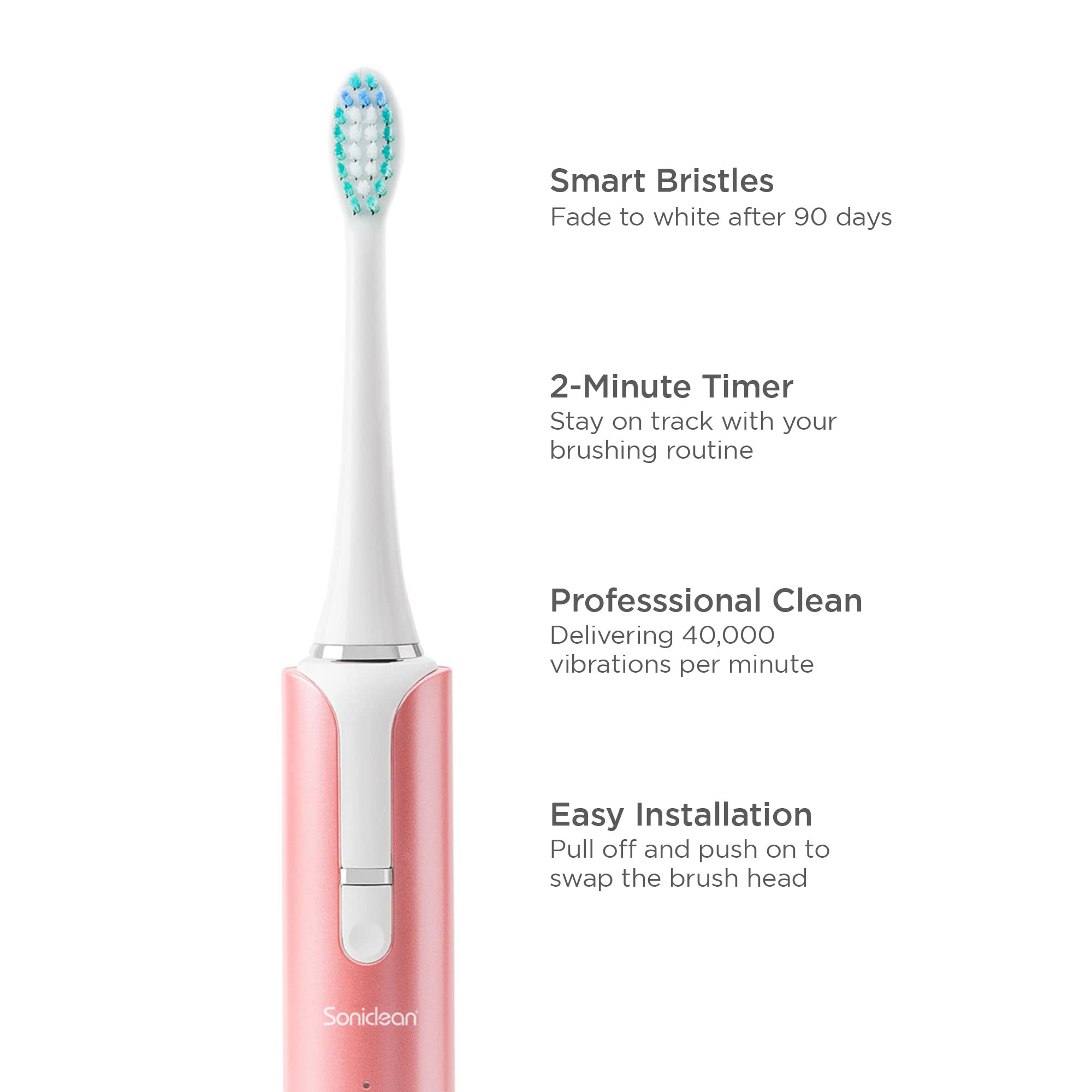 Soniclean Lux Sonic toothbrush for adults with rose gold finish, rechargeable, automatic operation, includes six toothbrush heads and refills.