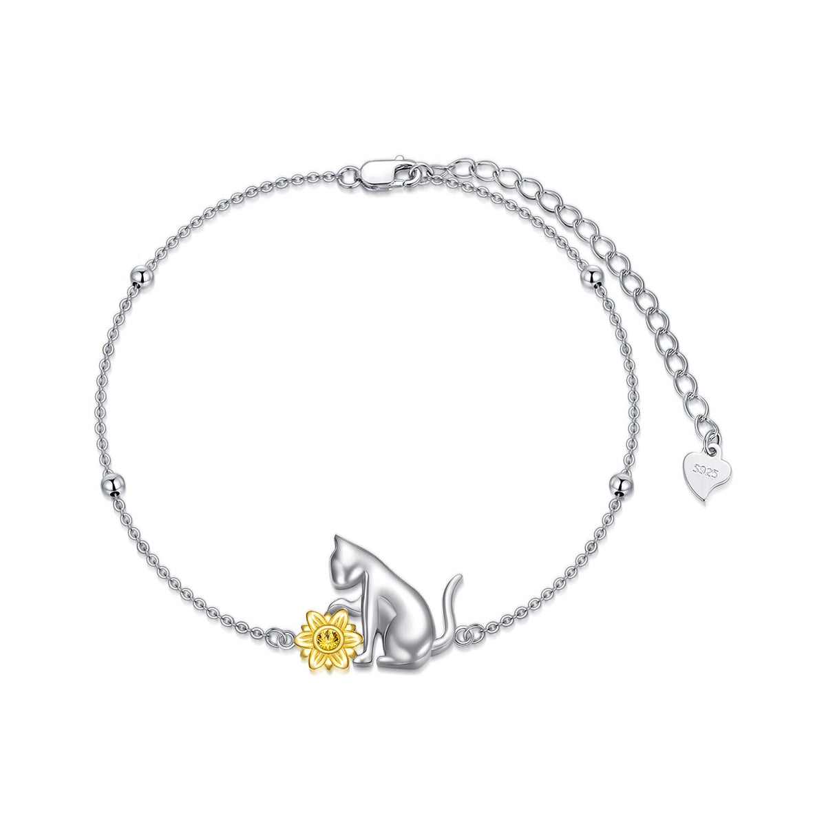 AOBOCO 925 Sterling Silver Cute Cat Kitty Bracelet Adjustable Link Chain, Cat Jewelry Gifts for Cat Lovers 7-9 inches – 