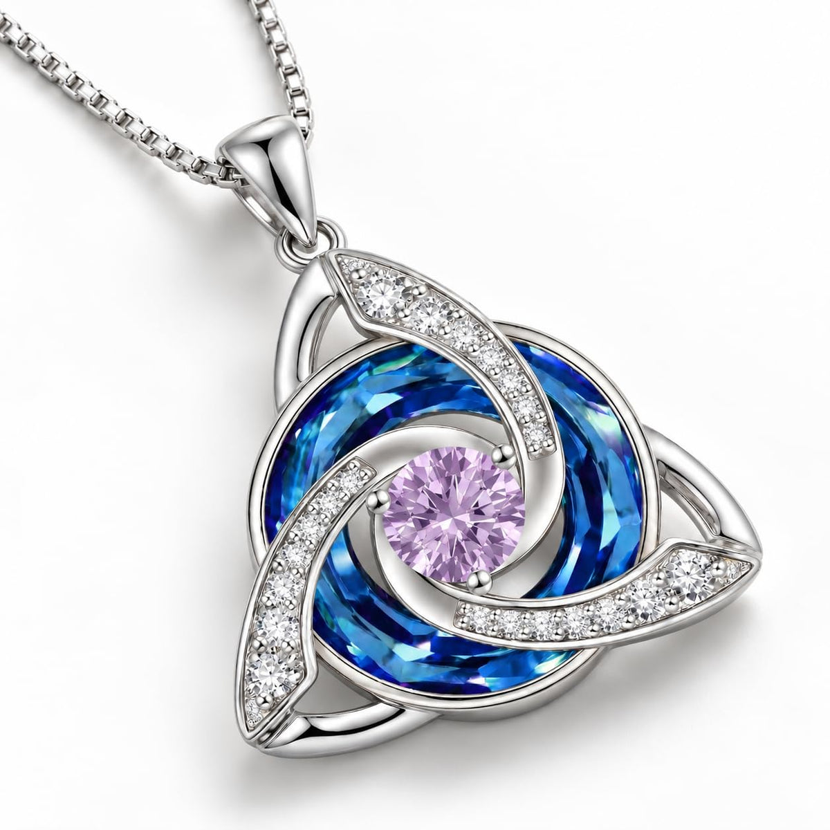 HOTIE Celtic Birthstone Necklace for Women, S925 Sterling Silver Trinity Knot – close-up detail in Silver-Jun-Light Viol