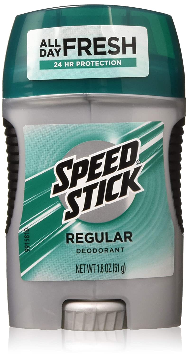 Mennen Speed Stick Regular deodorant sticks in 1.8 oz packages, displayed in a pack of three, for effective body odor protection.