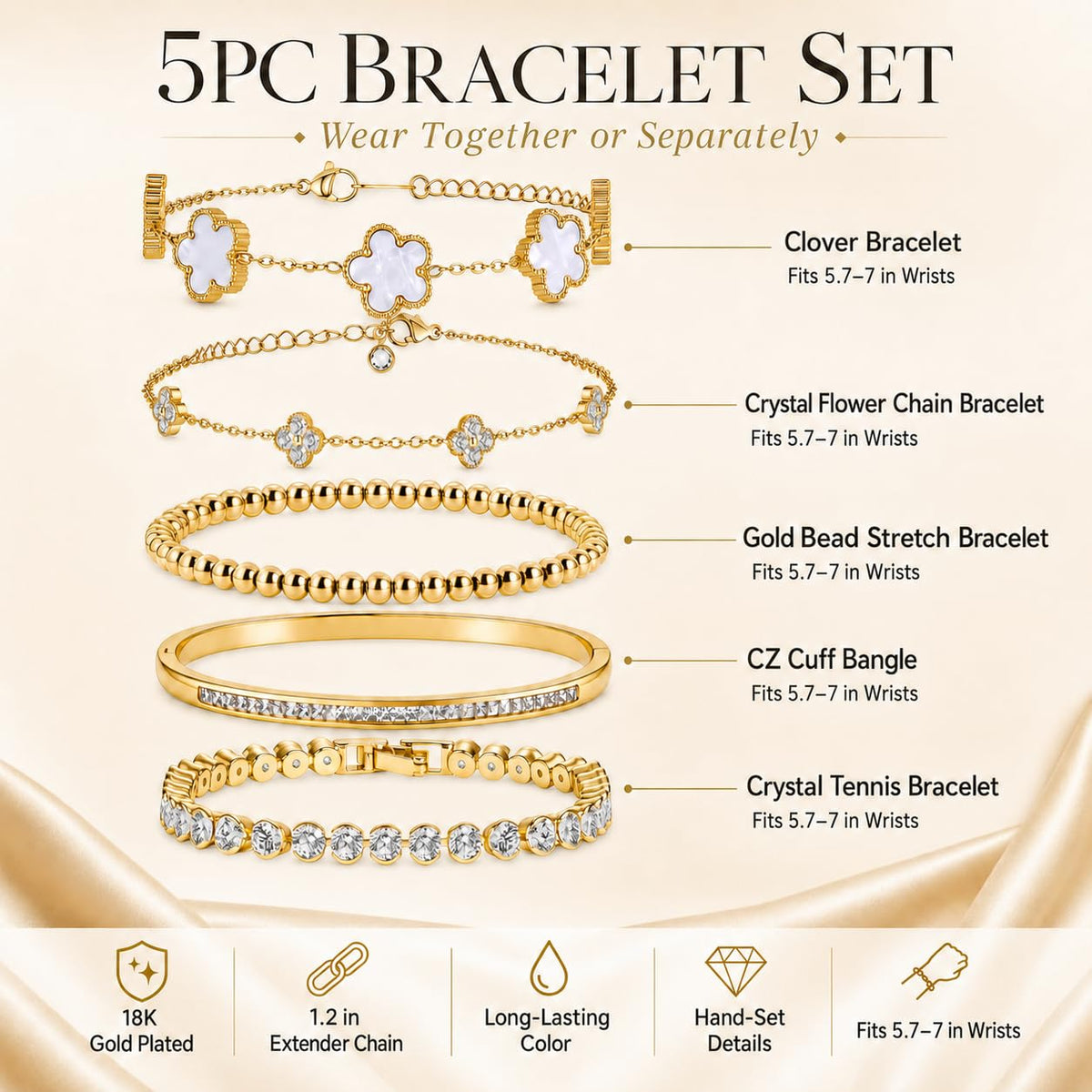 SLYSZMC 18K Gold Plated Clover Bracelet Set for Women - Four Leaf Lucky Clover Stackable Bracelets, Adjustable Beaded Ch