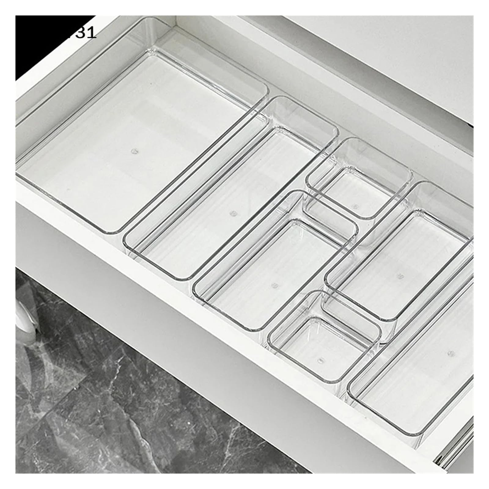 Stackable acrylic drawer organizer caddy with adjustable dividers for cosmetics and makeup storage, modular and clear.