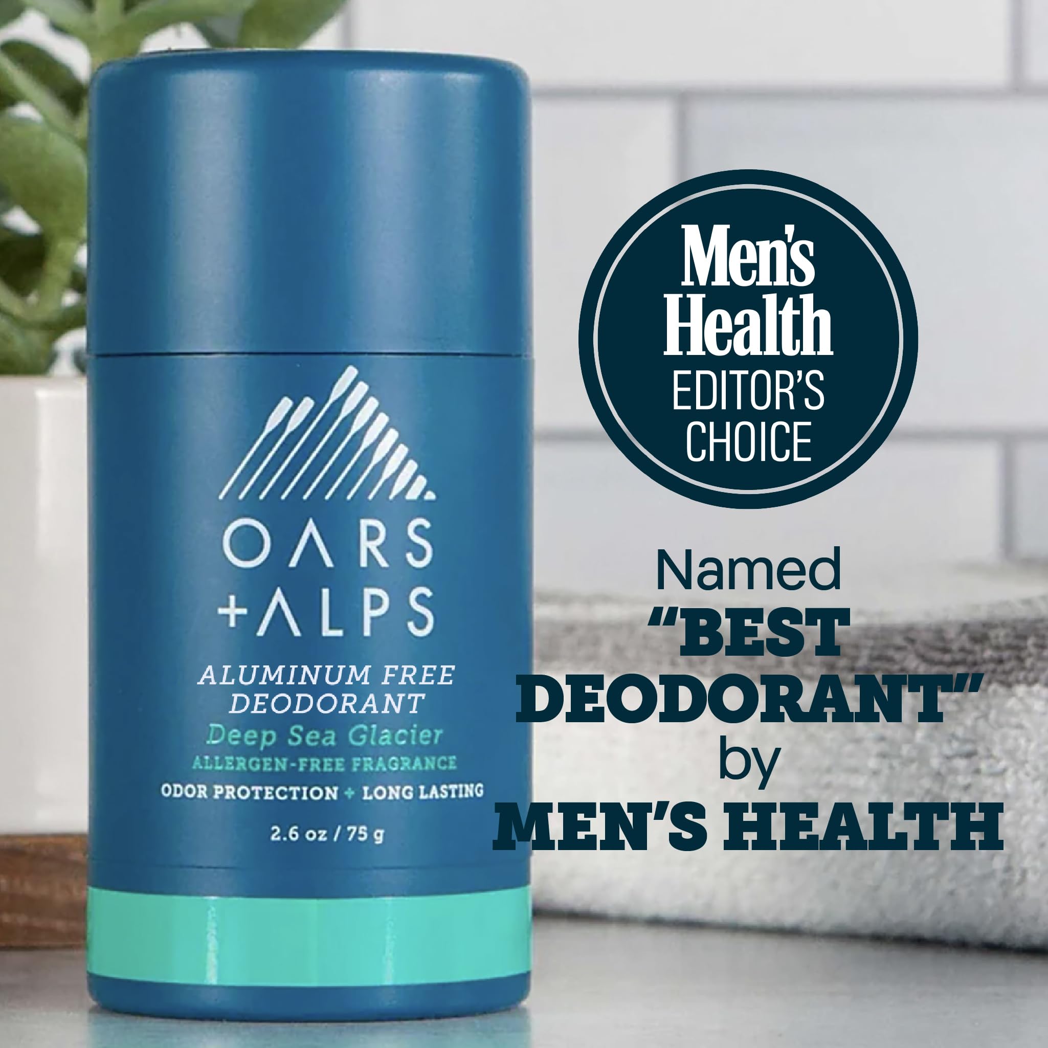 Oars + Alps aluminum-free men's deodorant clear stick, 2.6oz, in a 2-pack, shown with the deodorant stick and packaging.