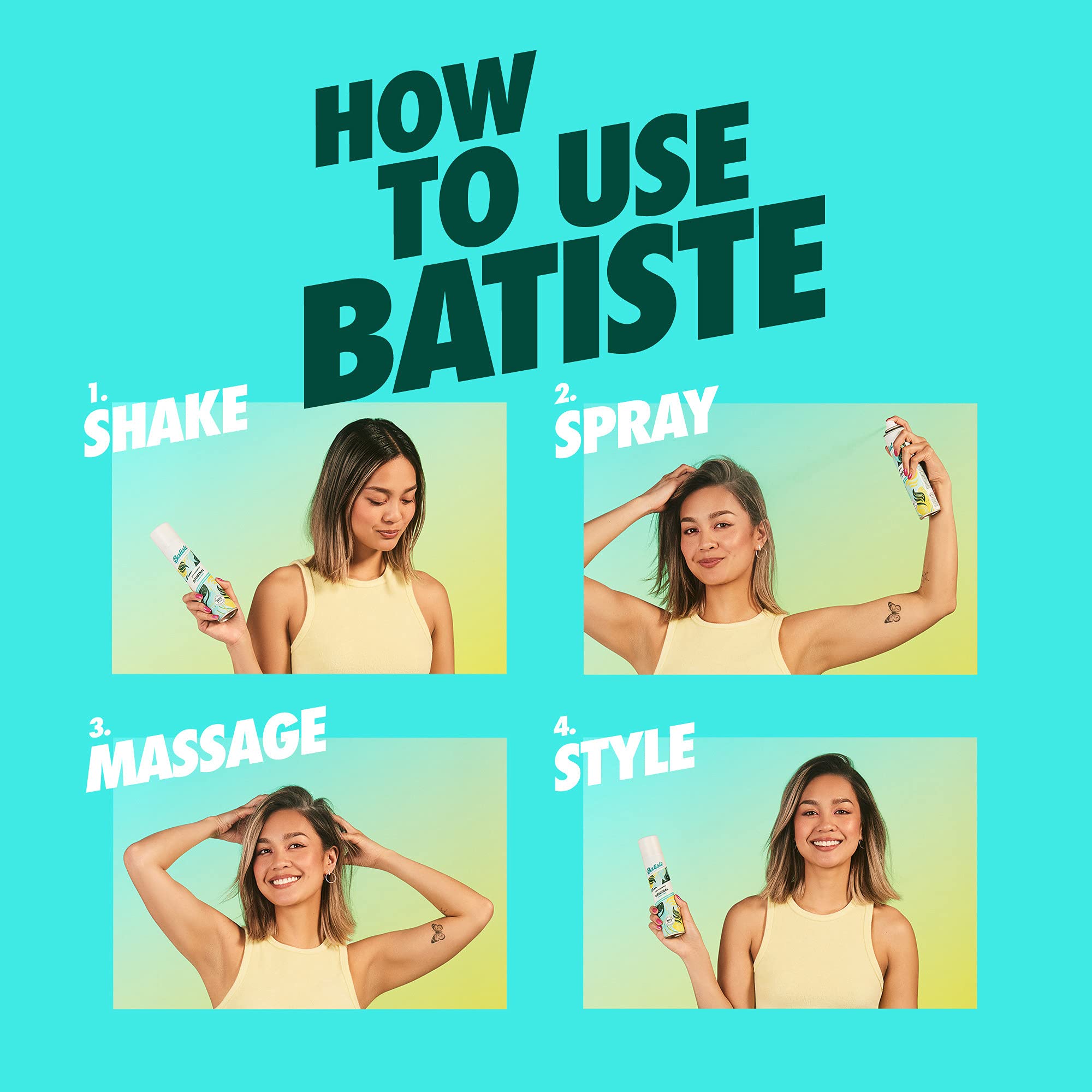 Batiste Dry Shampoo in original classic clean scent, 5.71 oz bottle with spray nozzle, for fresh and revitalized hair.