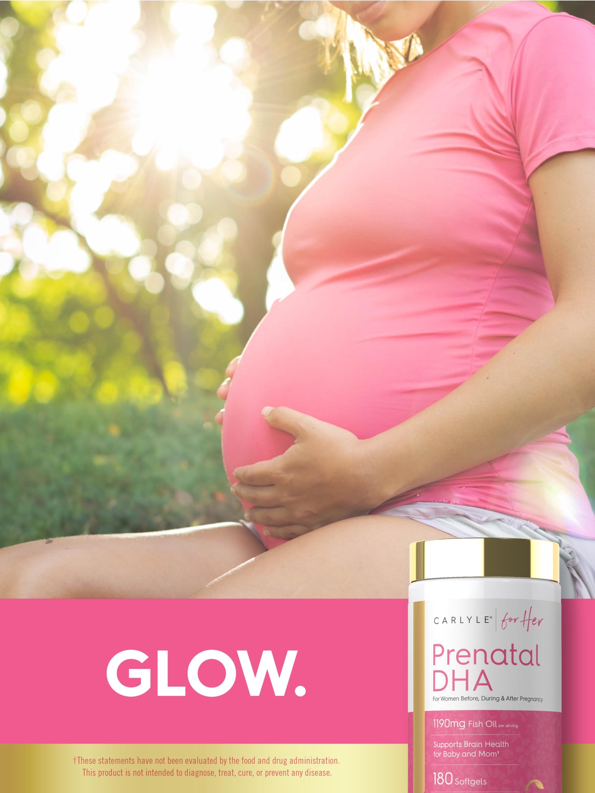Carlyle Prenatal DHA Vitamin softgels in a bottle, dietary supplement for pregnancy health, 180 softgels.