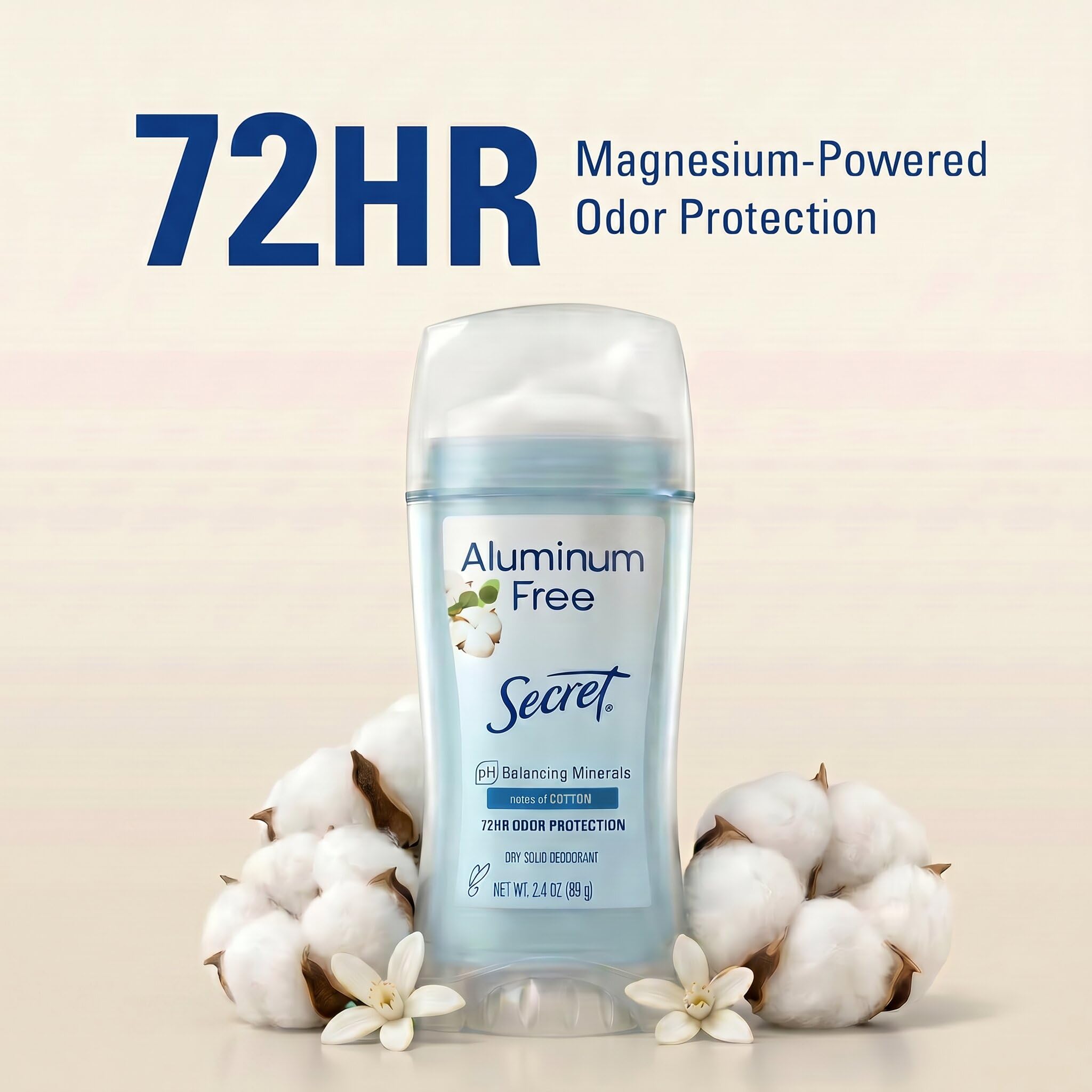 Secret aluminum-free deodorant for women with a cotton scent, 2.4 oz, in a sleek body deodorant stick.