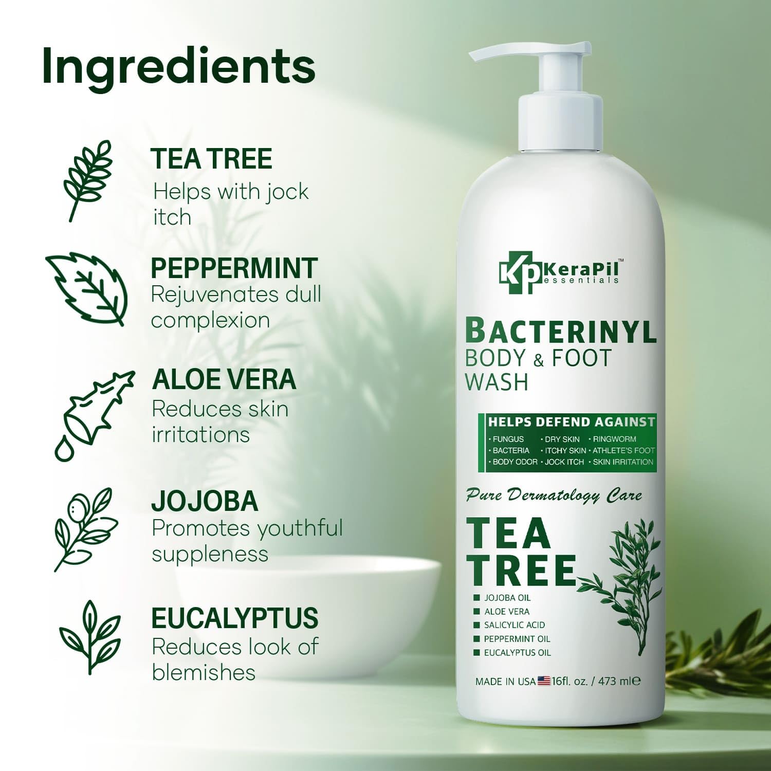 KERAPIL Tea Tree Oil Body Wash in 16 fl oz bottle, a skin cleaning agent with natural tea tree oil for refreshing cleansing.