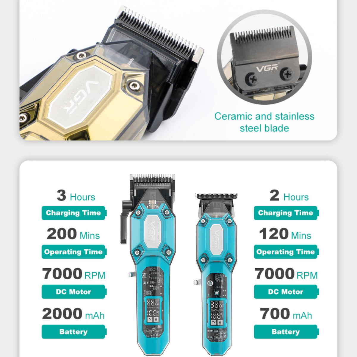 VGR Professional Hair Clippers for Men Cordless Barber - VGR Official Imagery - 6