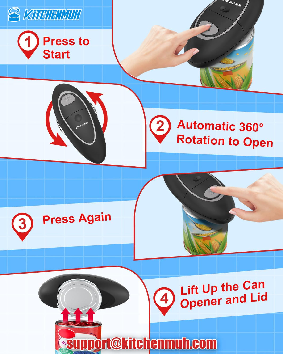 KITCHENMUH One Touch Electric Can Opener Fits All Can Sizes for Seniors with Arthritis, Battery Operated Can Opener with
